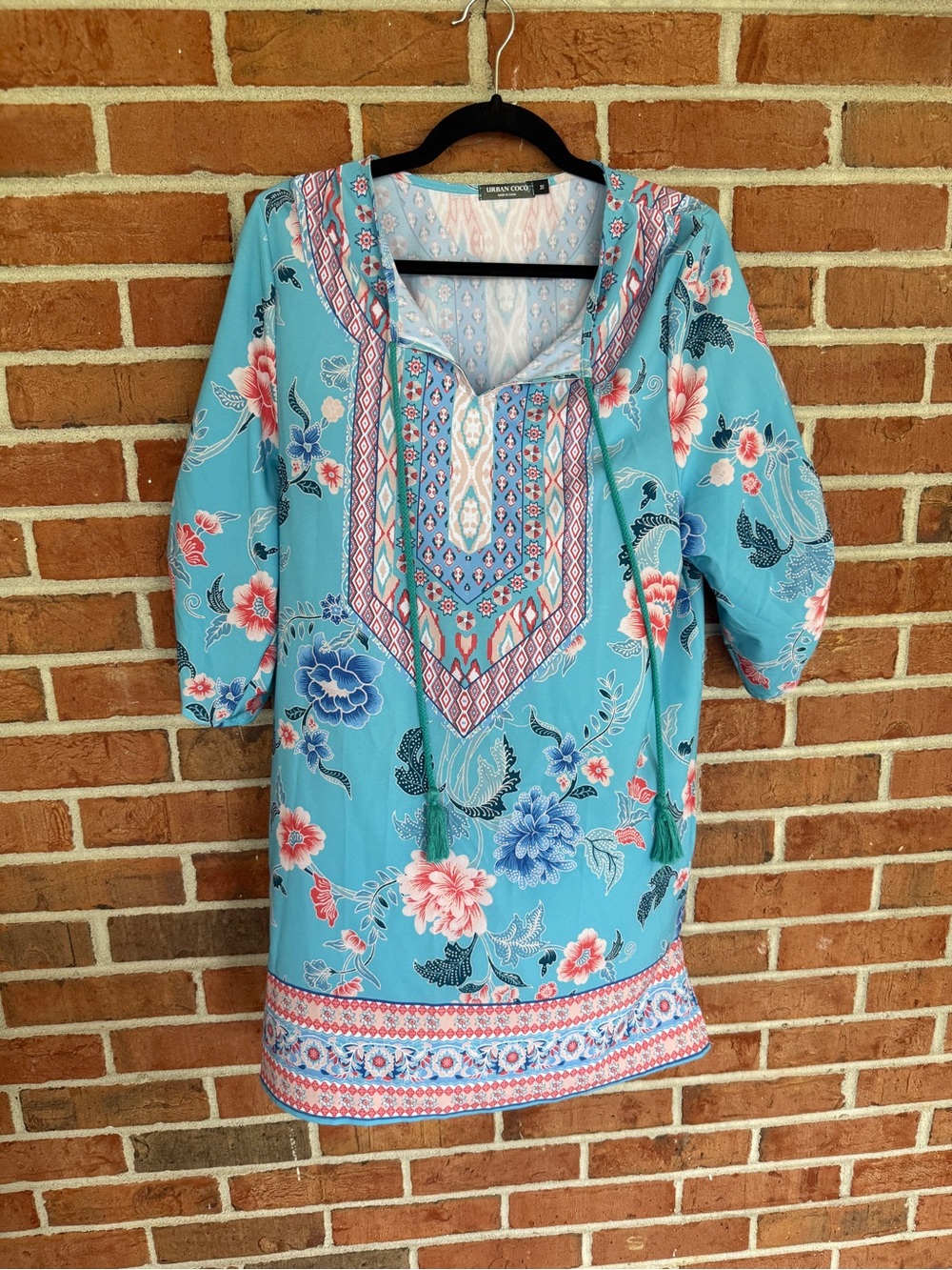 Turquoise Floral Peasant Tunic with Tassel Tie
